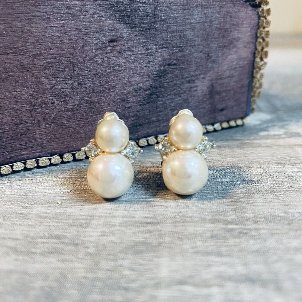 Vintage Faux Pearl And Rhinestone Mid Century Clip On Earrings